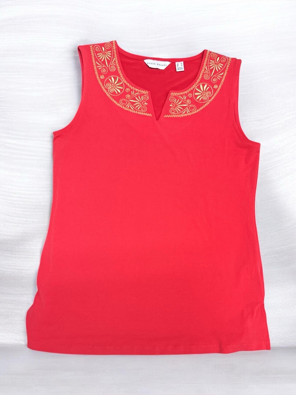 Susan Graver Red Sleeveless Tank Top XS Gold Embroidered Neckline Stretch Knit